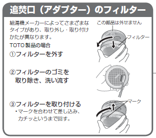 給湯機または浴室の取扱説明書に方法が記載されています Toto